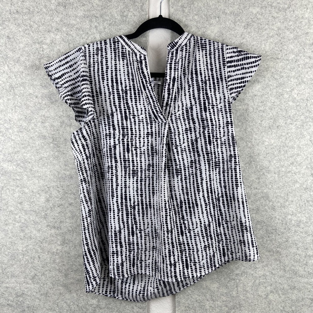 Calvin Klein Blouse Womens Medium White Black Striped Pleated V Neck Tunic Top